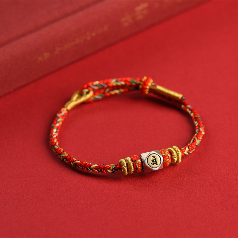 Buddha Stones 925 Sterling Silber Chinesisches Sternzeichen Natal Buddha Rot Buntes Seil Glück Handgefertigtes Armband