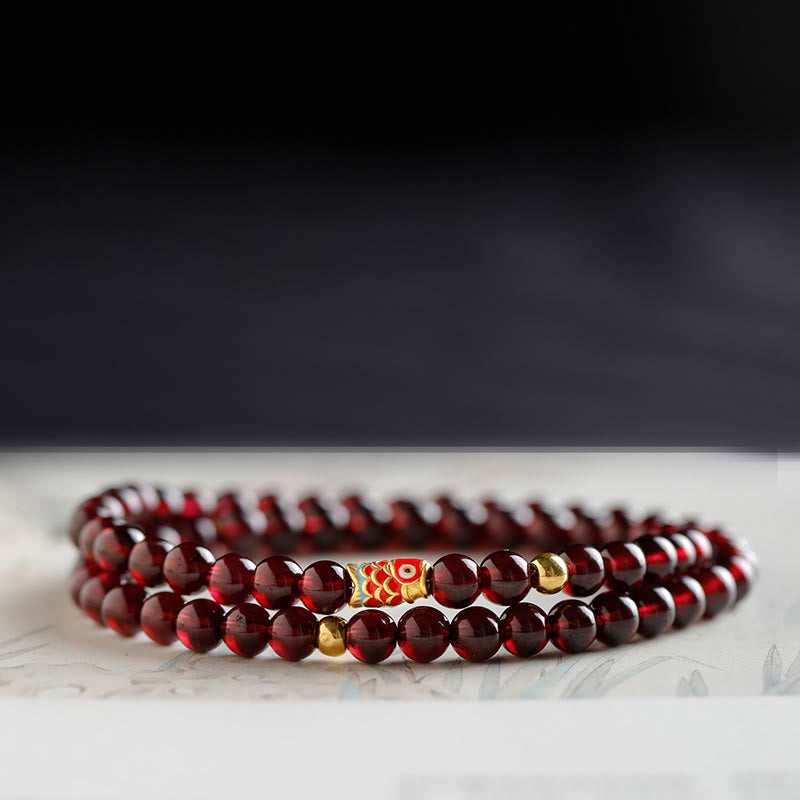 Buddha Stones 999 Gold Koi-Fisch-natürliches Granat-Schutzarmband - 5 mm Granat & Gold Koi Fisch Doppelwickelarmband - 17 cm - image 13