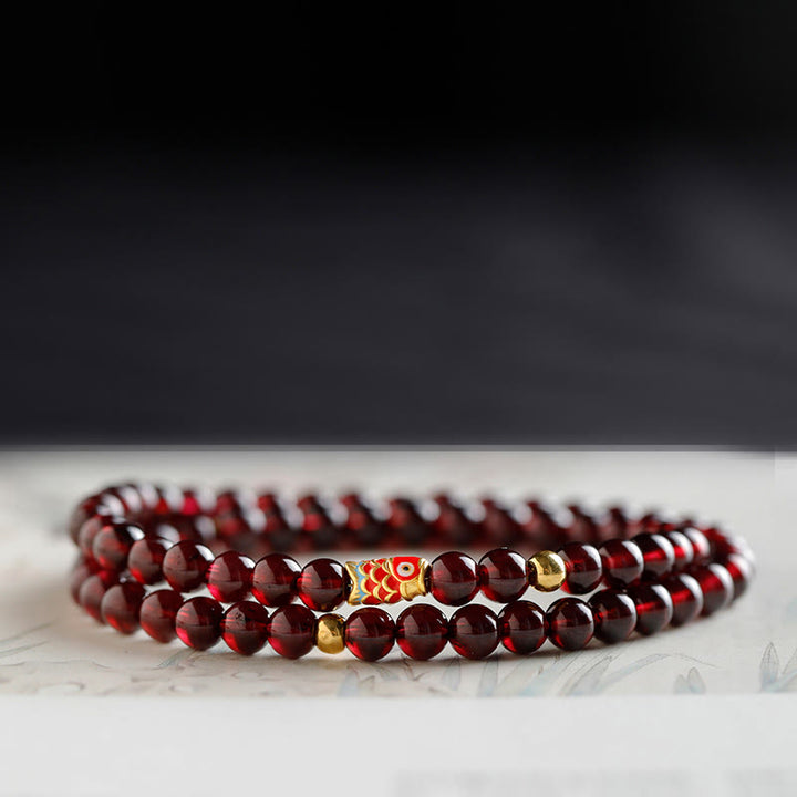 Buddha Stones 999 Gold Koi-Fisch-natürliches Granat-Schutzarmband - 5 mm Granat & Gold Koi Fisch Doppelwickelarmband - 17 cm - image 13