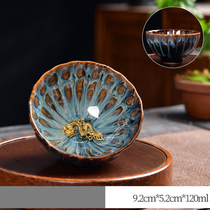 Teetasse aus Keramik mit Buddha Stones , Lotus, Pfau, Drache, Phönix, Koi-Fisch, eingelegte Teetassen, 120 ml - Gold - Drachen - image 13