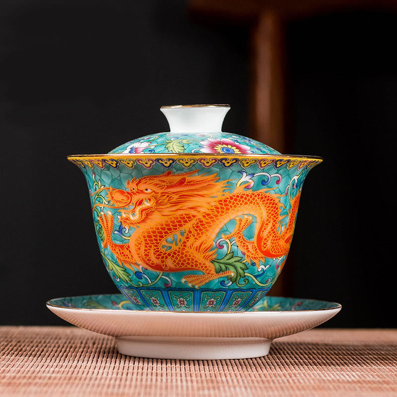 Buddha Stones Dragon Phoenix Flower Design Keramik Gaiwan Sancai Teetasse Kung Fu Teetasse und Untertasse mit Deckel - Grün - Dragon 9,5 cm * 9,3 cm * 160 ml - image 3