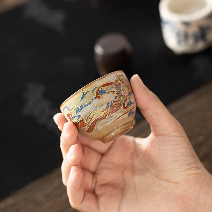 Buddha Stones Dunhuang Flying Apsaras Gaiwan Sancai Teetasse aus Keramik, Kung Fu Teetasse mit Deckel