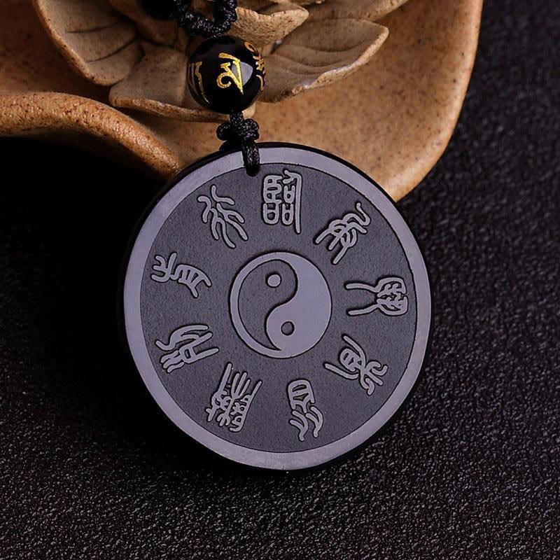 Buddha Stones, natürlicher schwarzer Obsidian, Taoismus, fünf heilige Berge, Mantra mit neun Charakteren, geschnitzt, Stärke, Yin-Yang-Halskette, Anhänger, Schlüsselanhänger - image 2