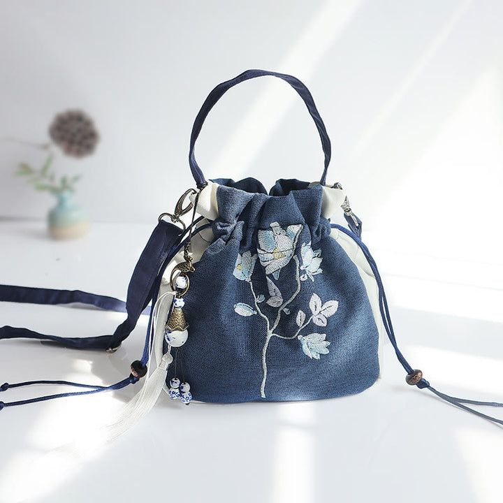 Buddha Stones Handgefertigte bestickte Blumen Canvas Tote Schultertasche Handtasche - Blau-weiße Blütenblätter 20 x 20 cm - image 20