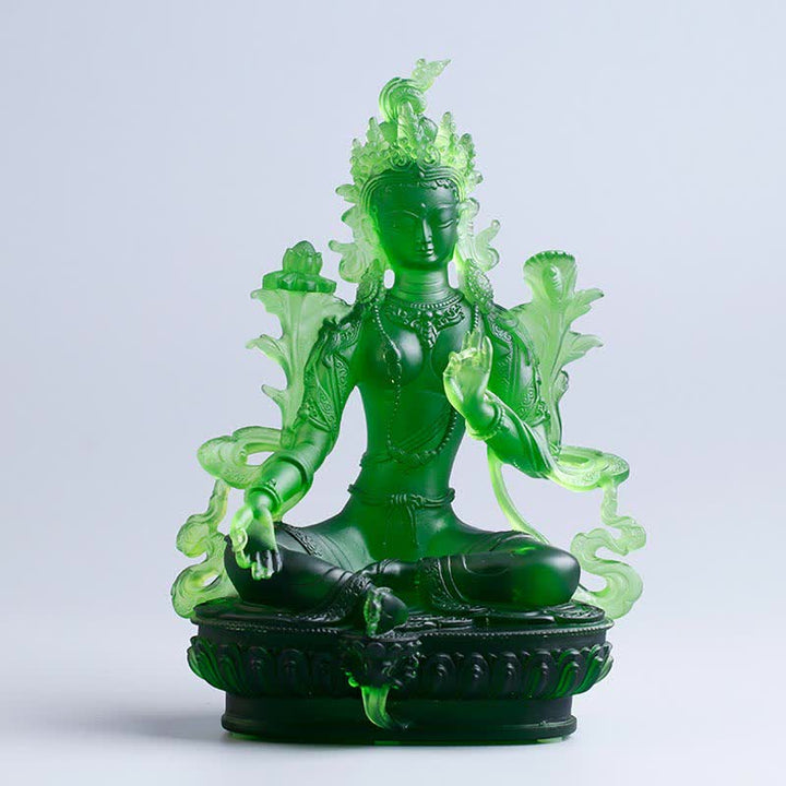 Bodhisattva Grüne Tara, handgefertigt, Liuli-Kristall, Kunststück, Schutz, Heimbüro, Statue, Dekoration