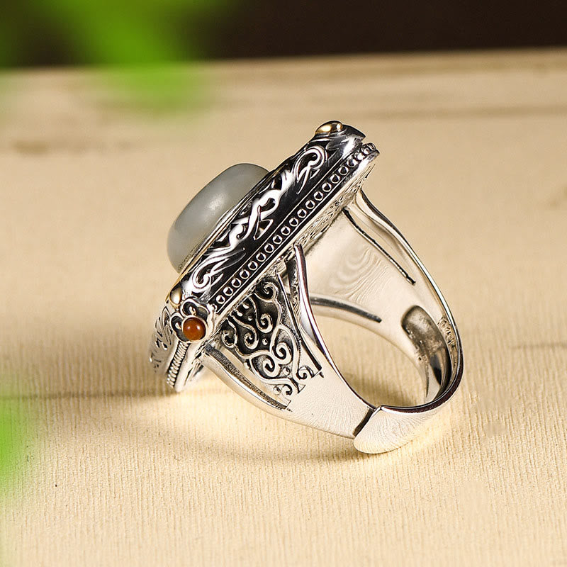 Buddha Steine 925 Sterling Silber Rhombus Design Hetian Jade Glück Halskette Anhänger Ring Set