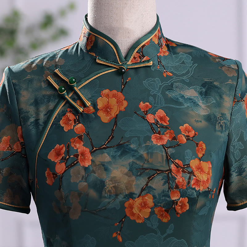 Buddha Stones Retro Blume Lotus Pfingstrose Feder Druck Qipao Kleid Damen Cheongsam Kleid - image 4