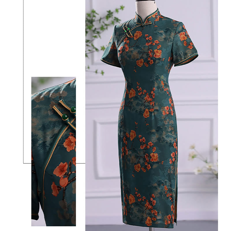 Buddha Stones Retro Blume Lotus Pfingstrose Feder Druck Qipao Kleid Damen Cheongsam Kleid