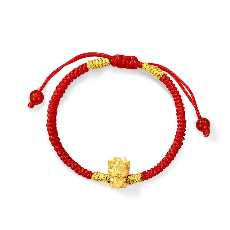 Buddha Stones, 999er-Sterlingsilber, Jahr des Drachen, Kupfermünze, Glück, Drache-Fu-Charakter, Glück, handgefertigtes geflochtenes Armband mit roter Schnur