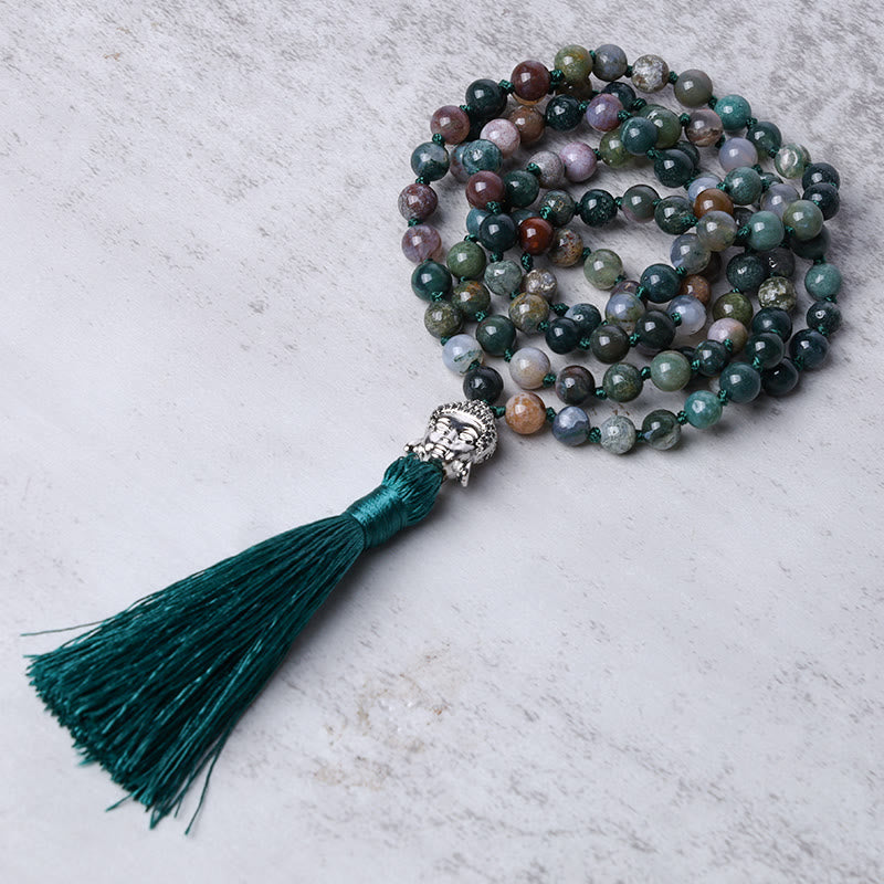 Buddha Stones 108 Mala-Perlen, indisches Achat-Buddha-Kopf-Reinigungsarmband