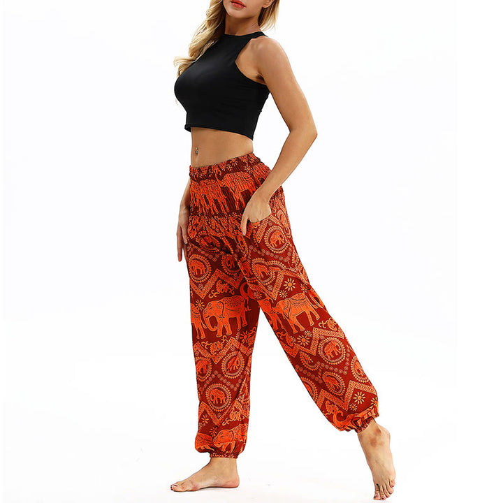 Buddha Stones Boho Lockere Haremshose mit geometrischem Elefantenmuster für Damen, Yogahose