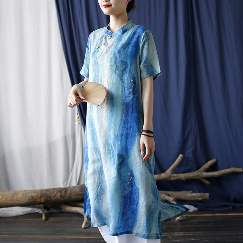 Buddha Stones Ramie Blau Digitaldruck Cheongsam Kleider Kurzarm Leinenkleid