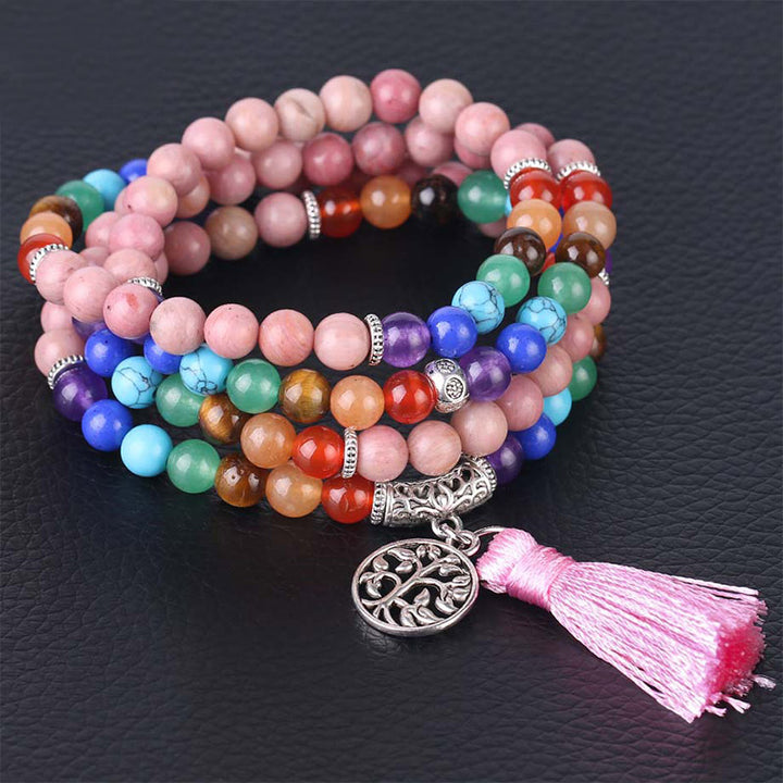 Buddha Stones 108 Mala Perlen Rhodonit Blauer Kristall Lazulit Heilarmband