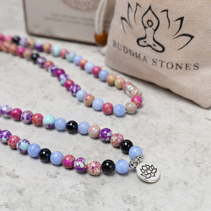 Buddha Stones Natur Lila Miano Echtstein Lotus Mala