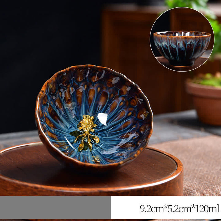 Teetasse aus Keramik mit Buddha Stones , Lotus, Pfau, Drache, Phönix, Koi-Fisch, eingelegte Teetassen, 120 ml - Gold - Koifisch - image 15