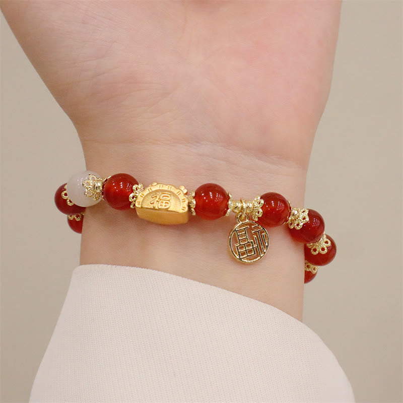 Buddha Stones, Jahr des Drachen, roter Achat, Erdbeerquarz, schwarzer Obsidian, Jade, Granat, Perle, Zinnober, Knödel, Drache, Glück, Fu, Charakter-Armband - image 4