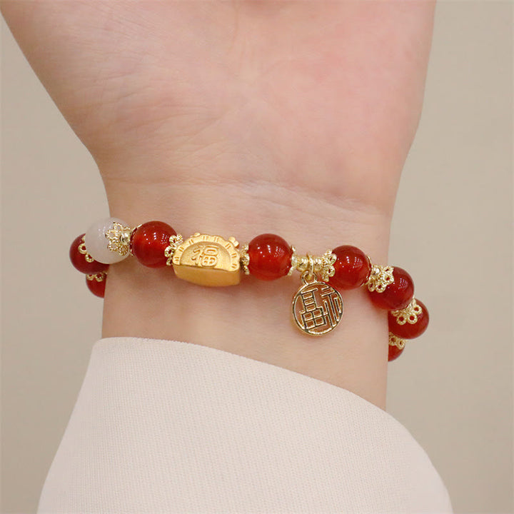 Buddha Stones, Jahr des Drachen, roter Achat, Erdbeerquarz, schwarzer Obsidian, Jade, Granat, Perle, Zinnober, Knödel, Drache, Glück, Fu, Charakter-Armband - image 4
