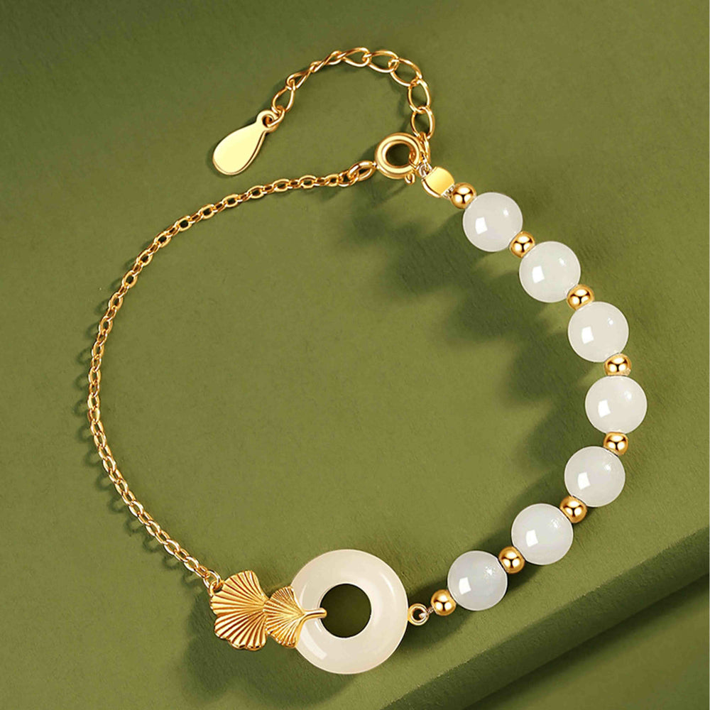 Buddha Stones 925 Sterling Silber Hetian Weiß Jade Friedensschnalle Ginkgoblatt Glücksarmband - image 1