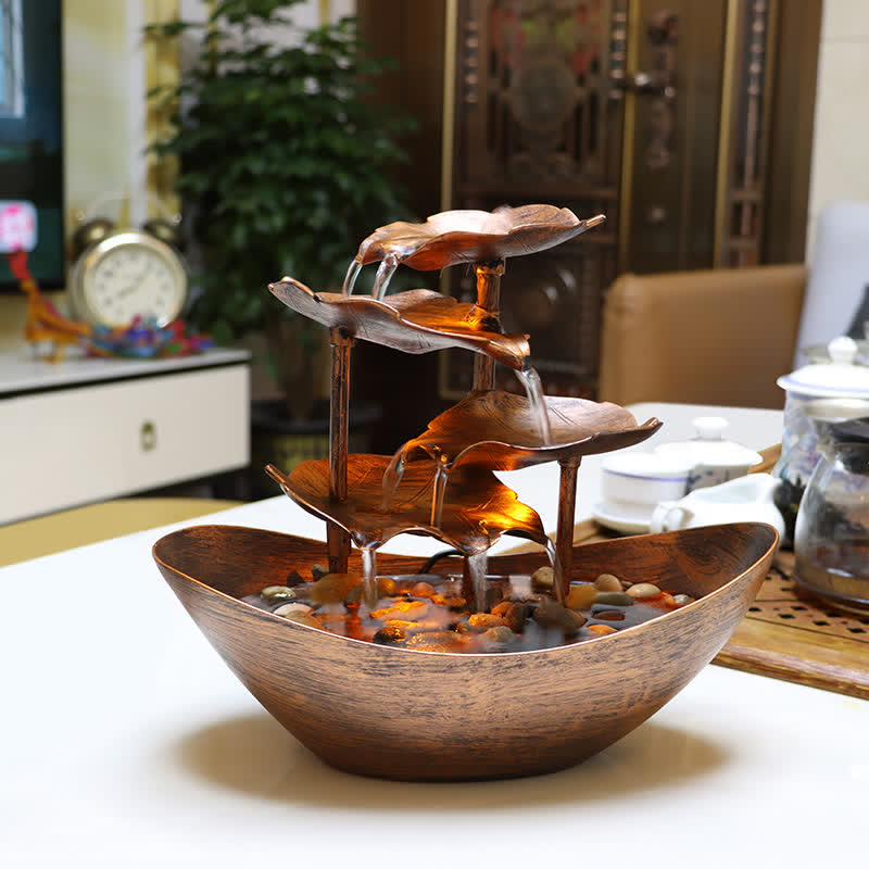 Buddha Stones, Lotusblatt-förmiger Wasserfall-Brunnen, Tischornamente mit LED-Licht, Heimbüro-Desktop-Dekoration