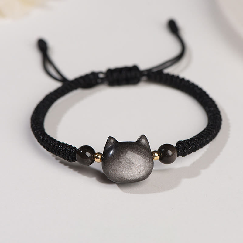 Buddha Stones Handgefertigtes, natürliches, silberglänzendes Obsidian-Erdbeerquarz-Armband mit niedlichem Katzenschutz - Silberglanz-Obsidian (Kommunikation♥Beruhigend) - Schöne Katze - image 6