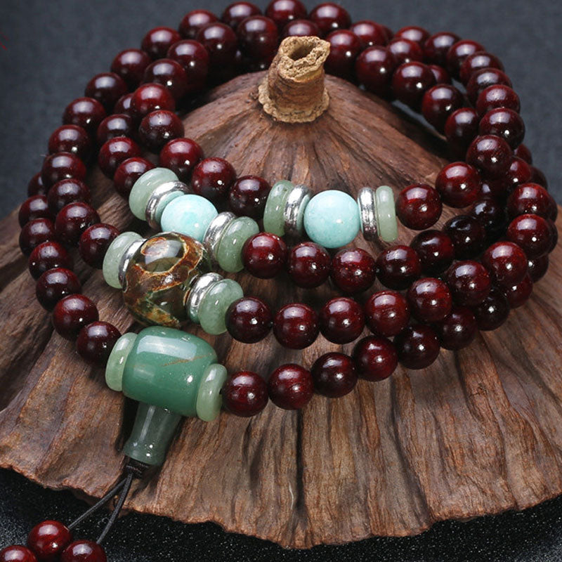 Buddha Stones 108 Perlen grüner Kleines Blatt Rotes Sandelholz Aventurin Amazonit Glück Heilung Armband Mala