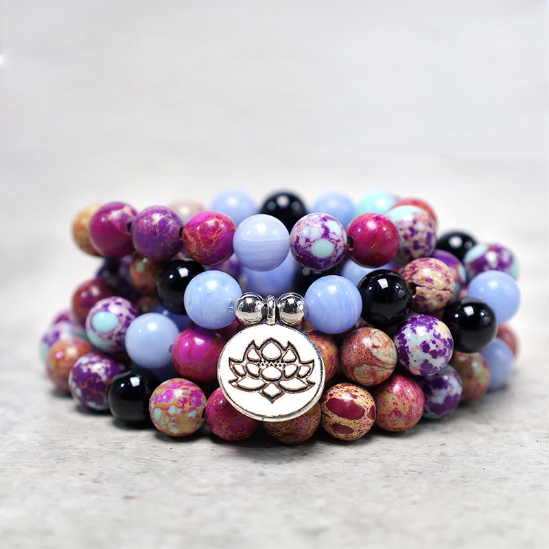 Buddha Stones Natur Lila Miano Echtstein Lotus Mala