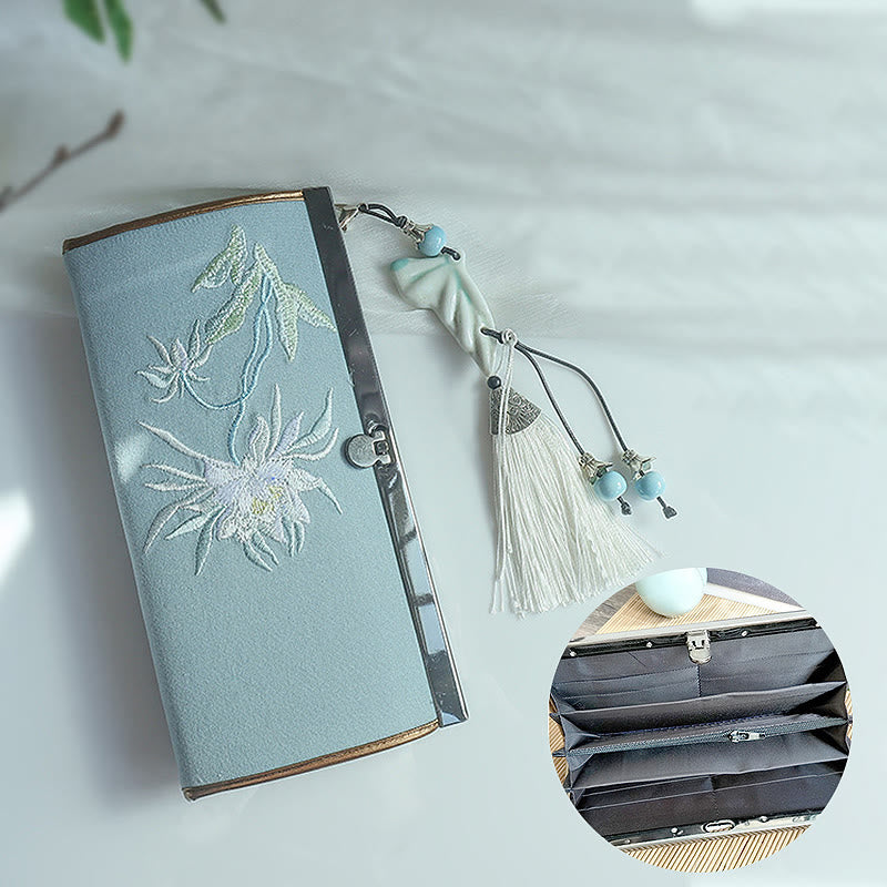 Buddha Stones, Blume, Pflaume, Pfirsichblüte, Bambus, doppelseitige Stickerei, großes Fassungsvermögen, Bargeldhalter, Geldbörse, Einkaufstasche - image 1