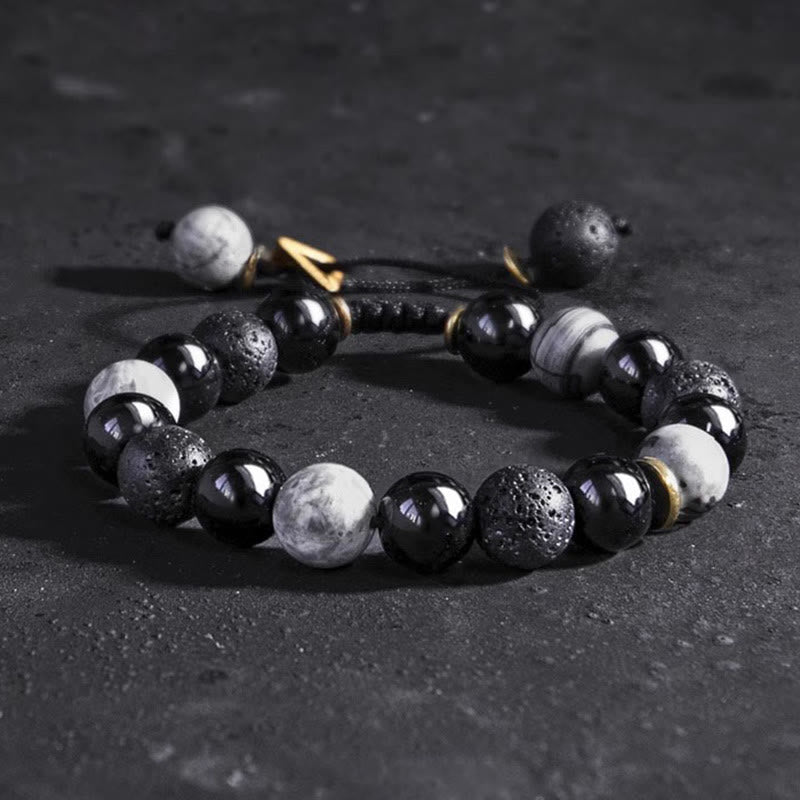 Buddha Stones Armband aus schwarzem Obsidian, Lavastein, Yin-Yang-Stärke - image 1