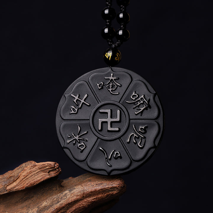 Buddha Stones Halskette, natürlicher schwarzer Obsidian, tibetisches Om Mani Padme Hum Buddha Hakenkreuz, Glück