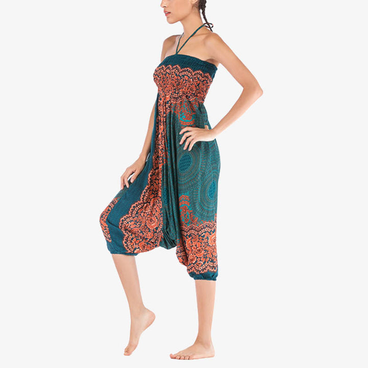 Buddha Stones Two Style Wear Runde Geometrische Muster locker gesmokte Haremshose Overall mit hoher Taille Damen Yogahose