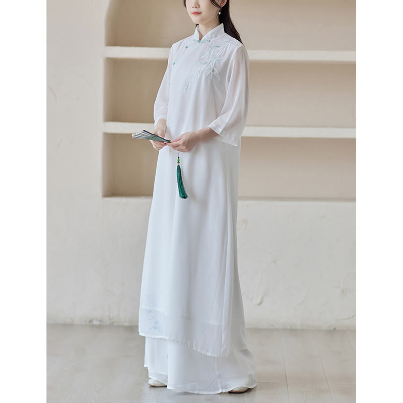 Buddha Stones Bambus Cheongsam Kleid Midikleid Weite Hose Meditation Spirituelle Zen-Praxis Kleidung