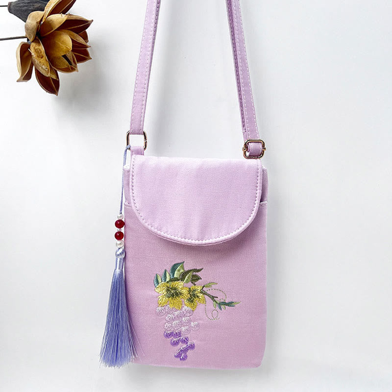 Buddha Stones Kleine Tasche mit gestickten Blumen, Crossbody-Tasche, Schultertasche, zweilagige Handytasche