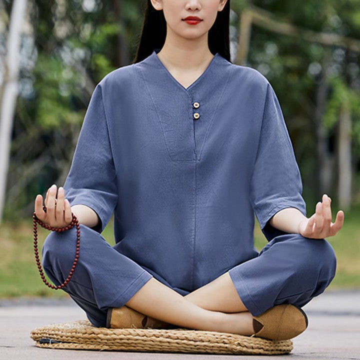 Buddha Stones 2-teiliges Set mit Hemd, Oberteil und Hose, Meditation, Zen, Tai Chi, Baumwolle und Leinen, Damen