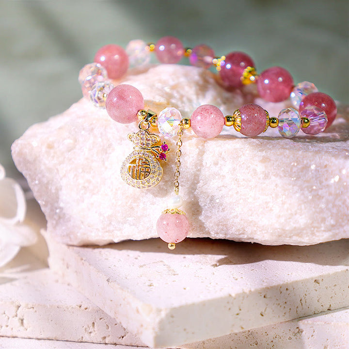 Buddha Stones Natürliches Erdbeerquarz-Kristall-Geldbeutel-Charm-Positive-Armband - image 14