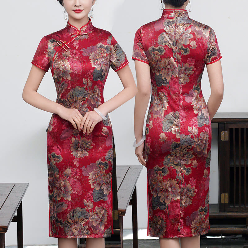 Buddha Stones Retro Blume Lotus Pfingstrose Feder Druck Qipao Kleid Damen Cheongsam Kleid