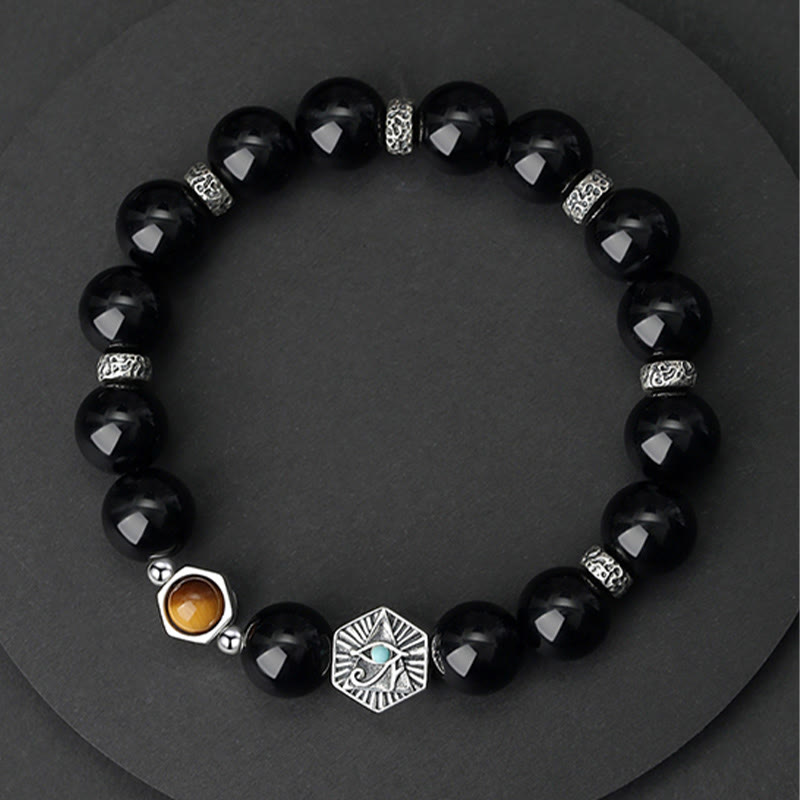 Buddha Stones 925 Sterling Silber Schwarzer Obsidian Tigerauge Auge der Vorsehung Reinigungsarmband - image 1