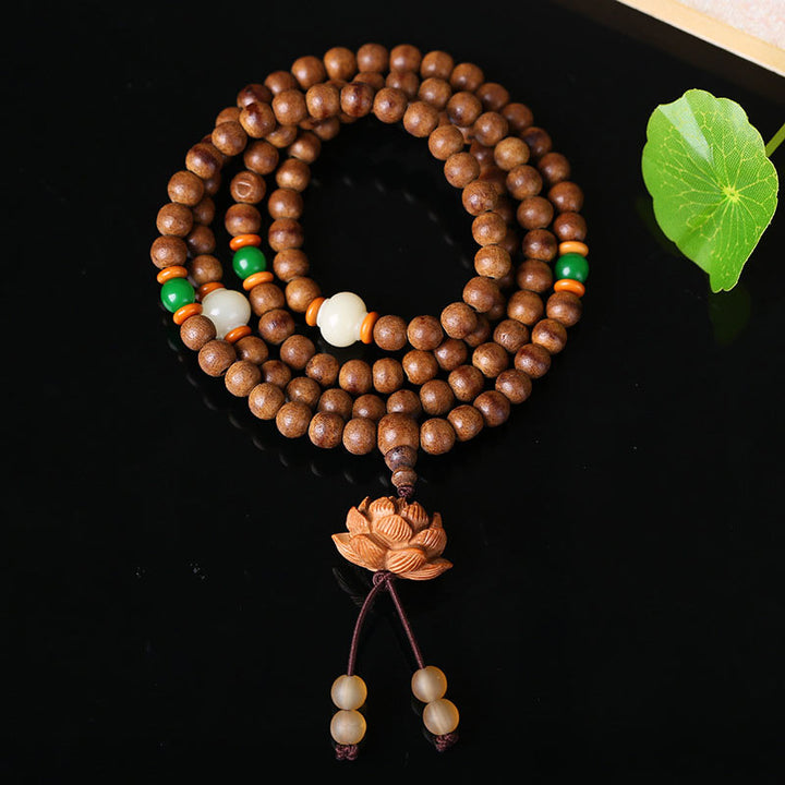 Buddha Stones, 108 Mala-Perlen, Pfirsichholz, Bodhi-Samen, Lotus-Gebet, Meditationsarmband