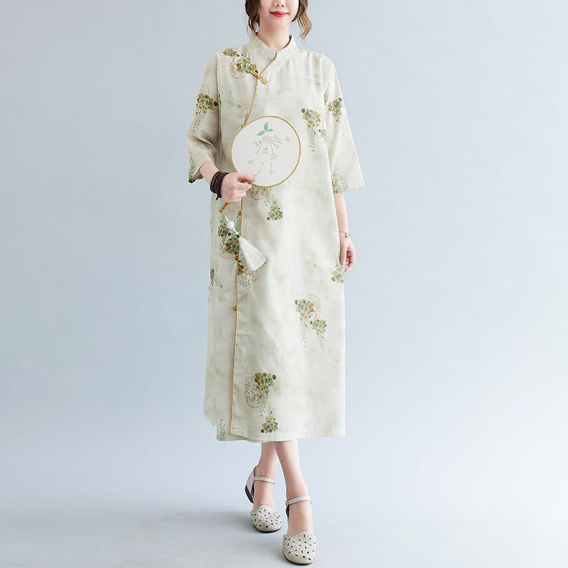 Cheongsam-Midikleid mit Buddha-Steinen, Blumen, Grün und Gelb, Blätter-Print, Dreiviertelärmel, mit Taschen