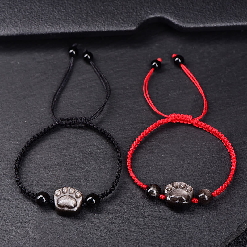 Buddha Stones Natürlicher Silberglanz-Obsidian, Goldglanz-Obsidian, niedliches Katzenpfoten-Klauenschutzseil-Armband - image 2