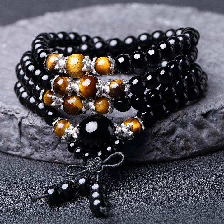 Buddha Stones 108 Perlen natürliches schwarzes Obsidian-Tigerauge-Mala-Armband