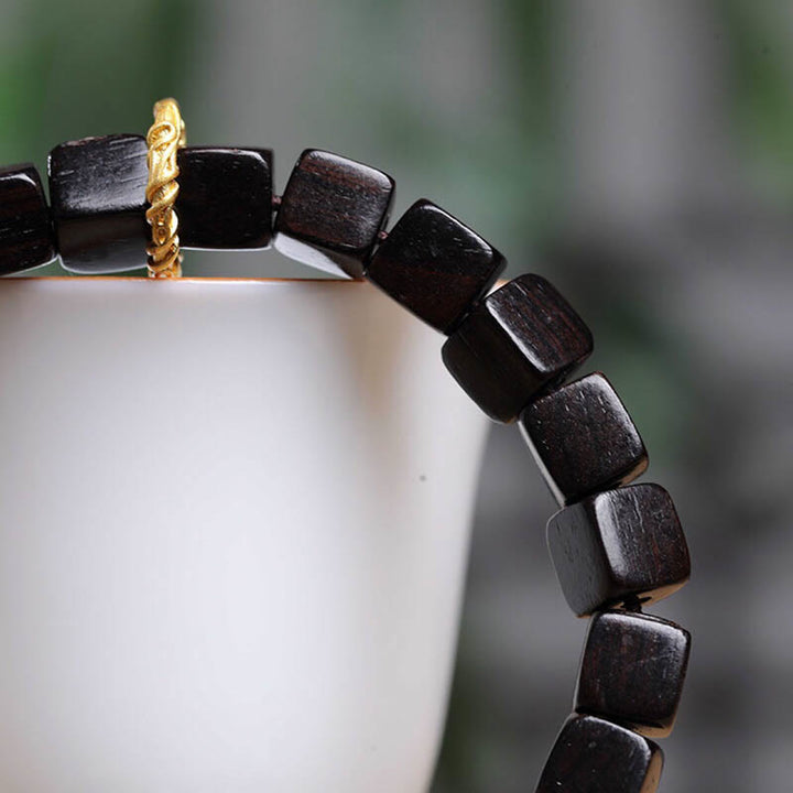 Armband mit quadratischen Perlen aus tibetischem Ebenholz und Buddha-Steine, Frieden und Ruhe