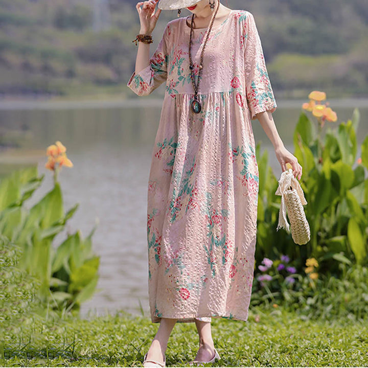 Midikleid mit Buddha-Steinen und Blumen-Print, Tunikakleid aus Baumwolle und Leinen mit Taschen