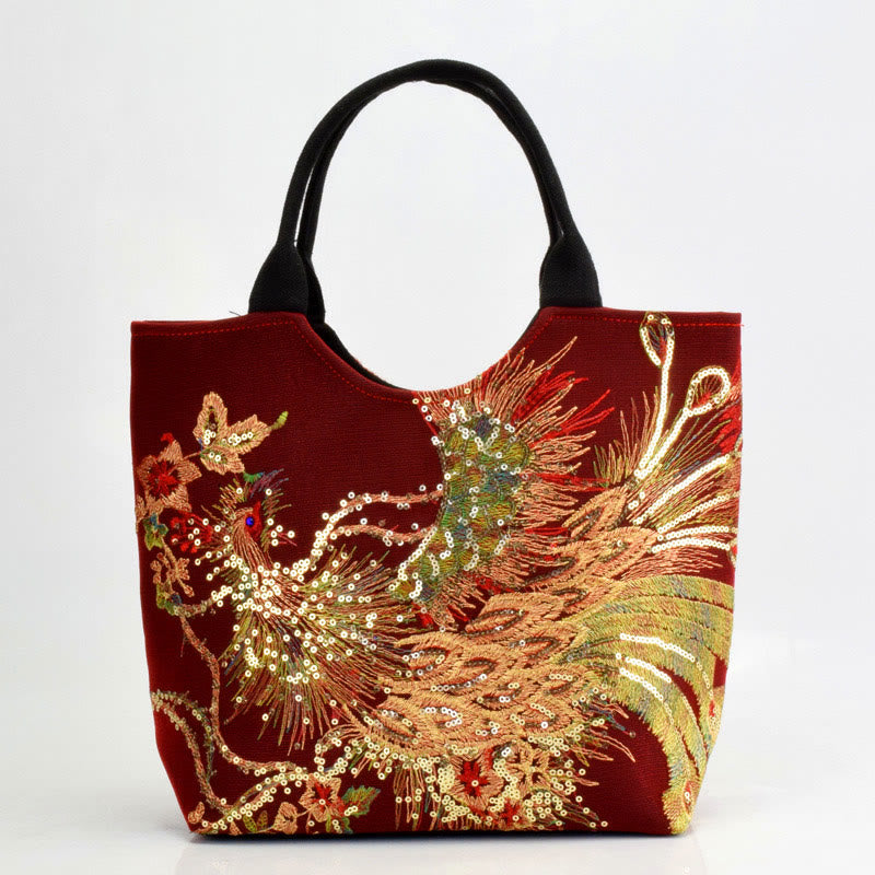 Buddha Stones -Pfauen-Doppelseitig-Stickerei-Tragetasche, Schultertasche, Umhängetasche - Weinroter Pfau - Einfache Tragetasche - image 17