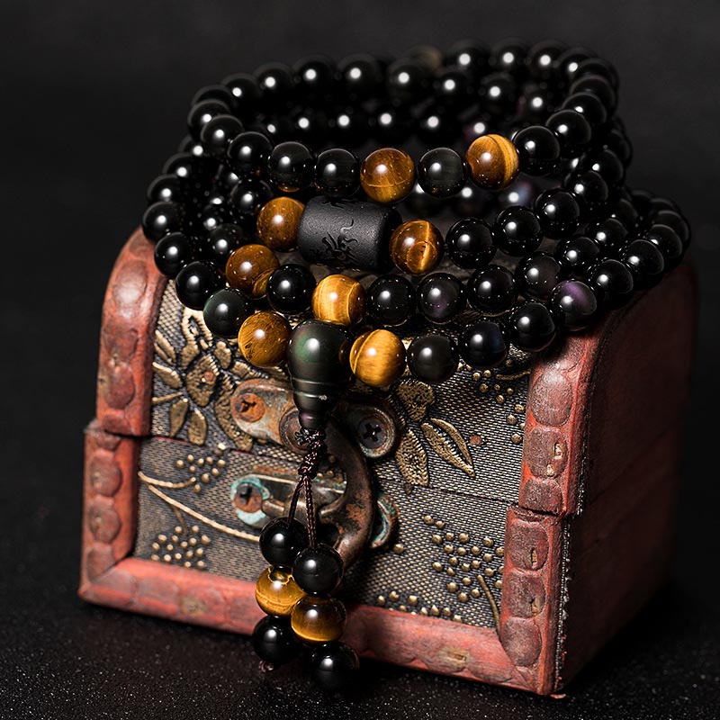 Buddha Stones Natürliches schwarzes Obsidian-Regenbogen-Obsidian-Kürbis-Segen-Armband Mala