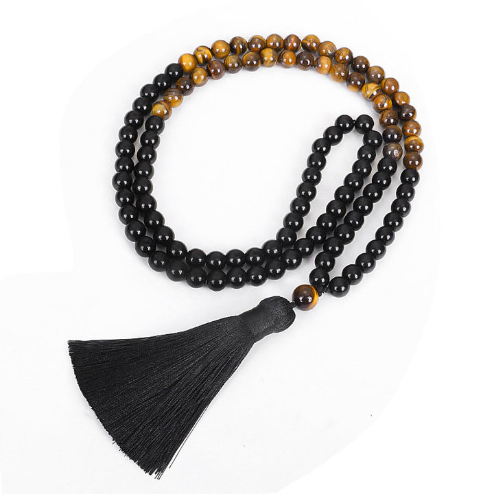 Buddha Stones Tibetisches schwarzes Onyx-Tigeraugenschutz-Halsketten-Mala-Set