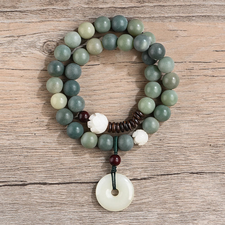 Buddha Stones Cyan Bodhi Seed Lotus Jade Peace Buckle Wisdom Double Wrap Armband - image 1