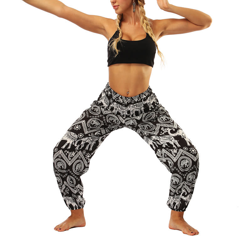 Buddha Stones Boho Lockere Haremshose mit geometrischem Elefantenmuster für Damen, Yogahose