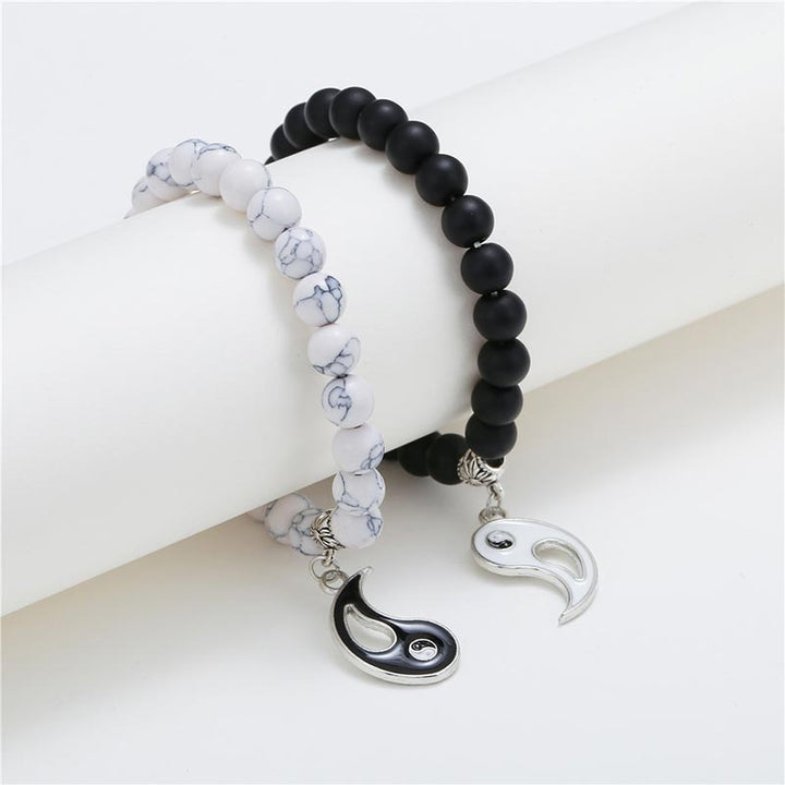 Buddha Stones 2 Stück natürliches schwarzes Onyx- Weiß -Türkis-Perlen-Yin-Yang-Paar-Armband - image 6