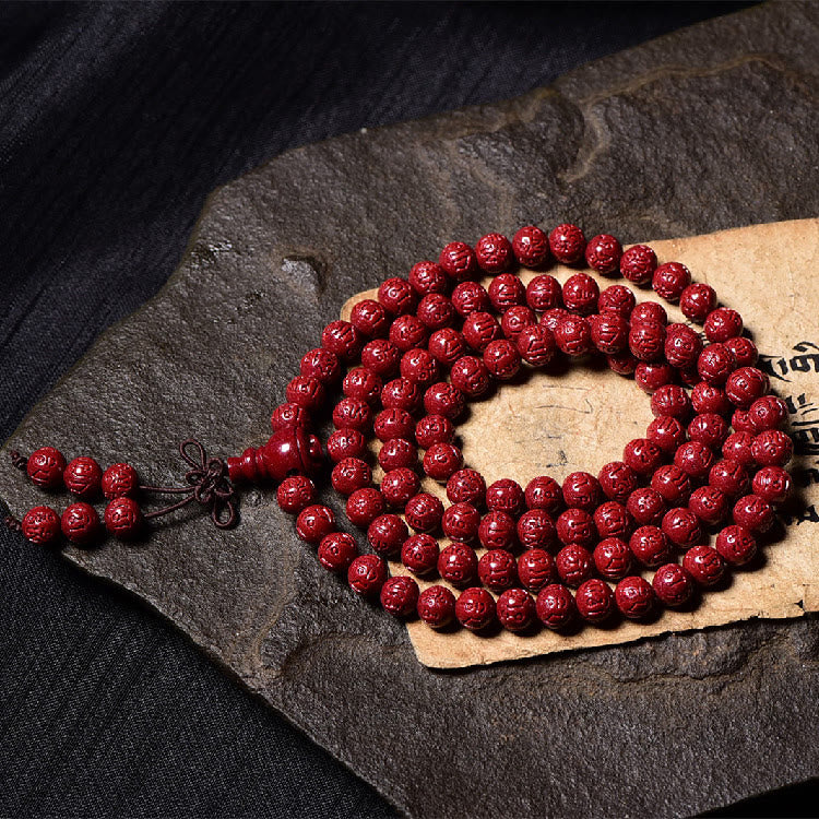 Buddha Stones 108 Mala Perlen Zinnober Om Mani Padme Hum Muster graviertes Segensarmband - image 9