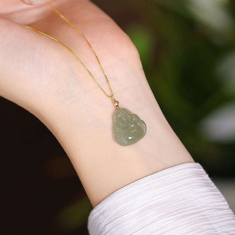 925 Sterling Silber natürliche Hetian Jade Cyan Jade Glück lachender Buddha Schmetterling Halskette Anhänger - Lachender Buddha aus Hetian-Jade - image 2